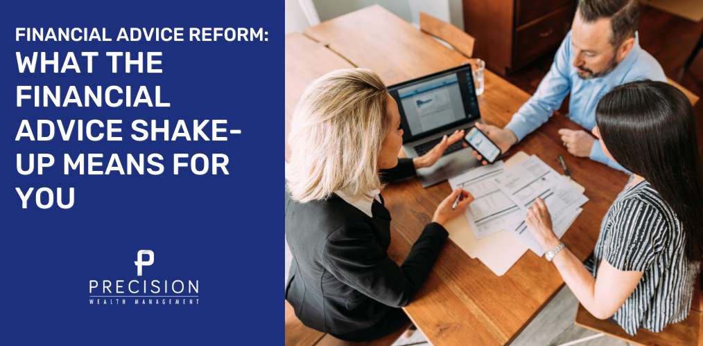 Hero image of Financial Advice Reform Blog with couple being presented important financial advice from their financial advisor.